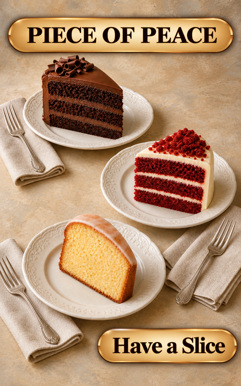 Slices of chocolate cake, red velvet cake and pound cake
